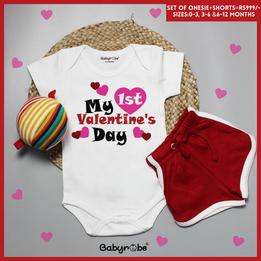 "Celebrate Valentine's Day with a personalized baby onesie & Shorts."