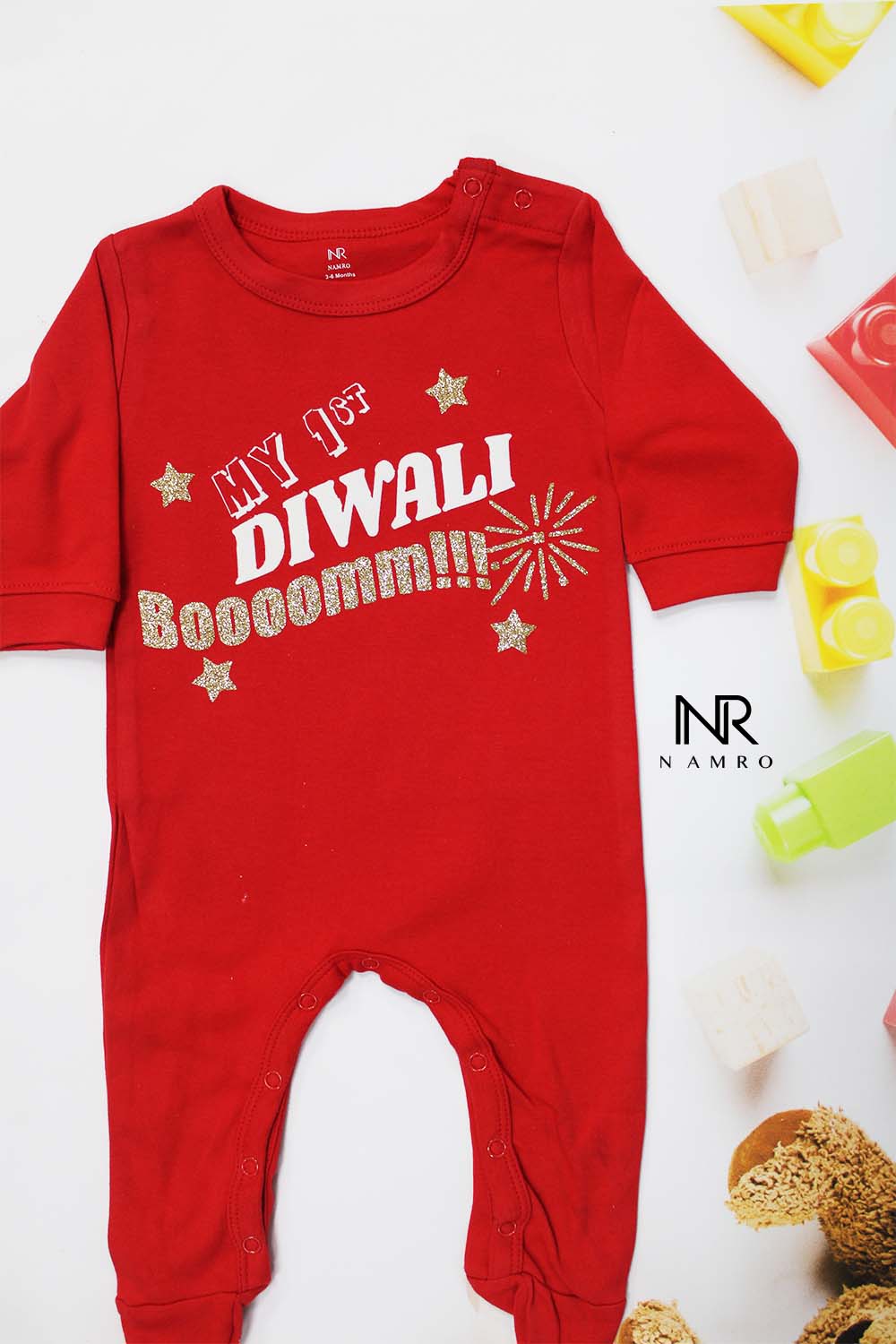"Cute custom name baby jumpsuit for first Diwali Boom ."