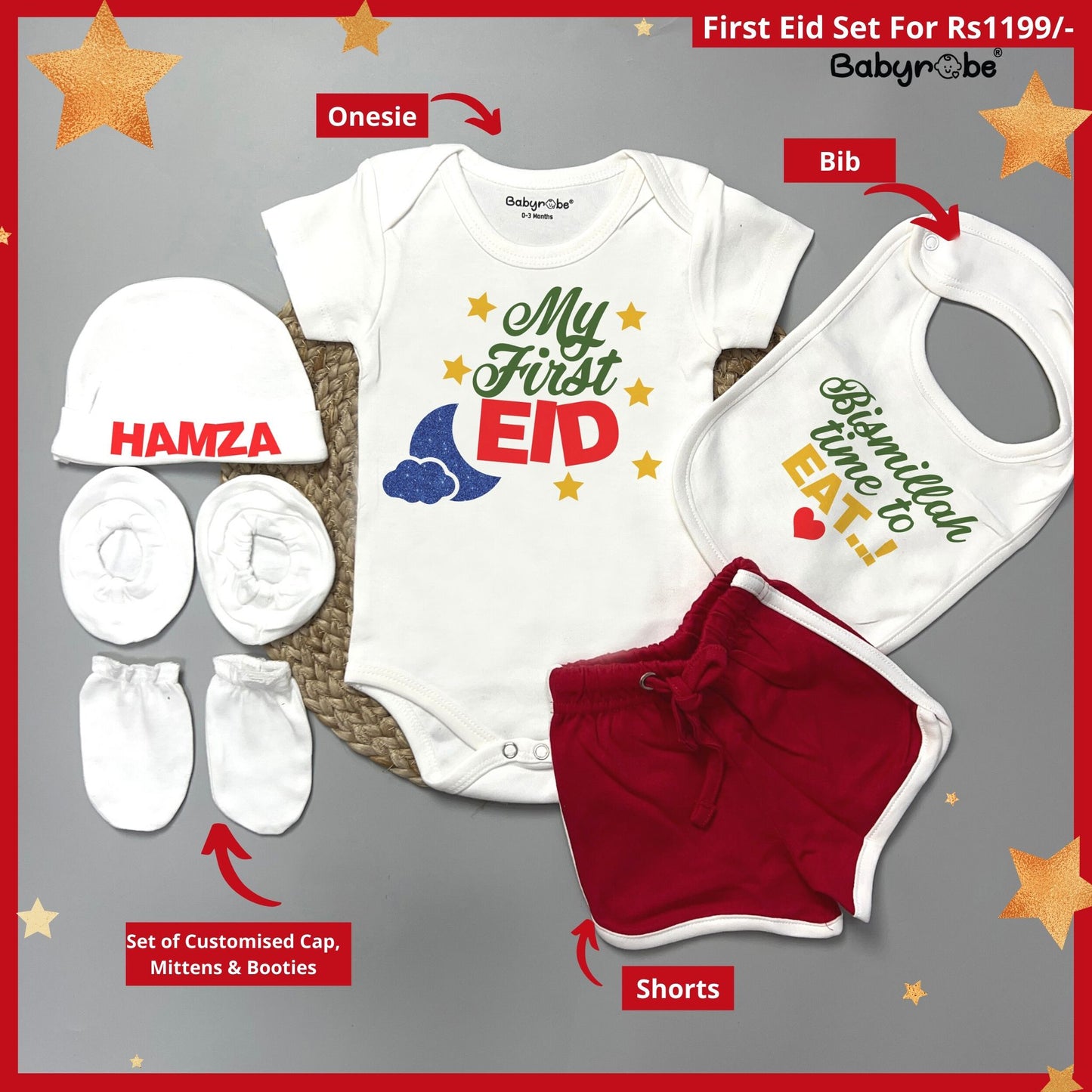 "Personalized onesie & Shorts set for baby, perfect for First Eid ."