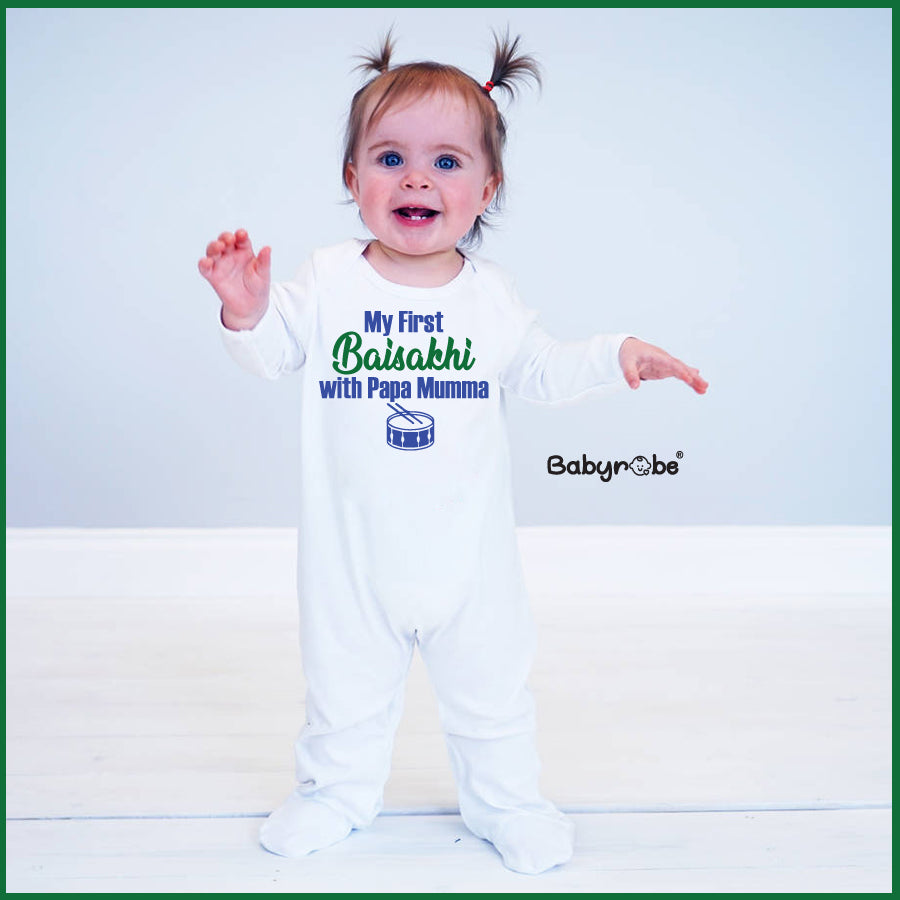 "Custom name My first Baisakhi jumpsuit for your little one."