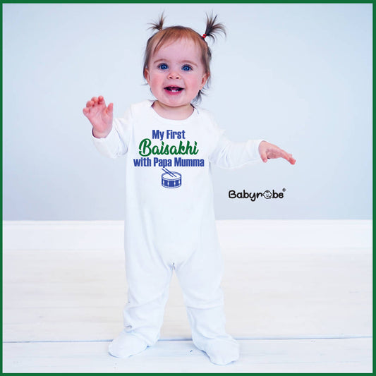 "Custom name My first Baisakhi jumpsuit for your little one."