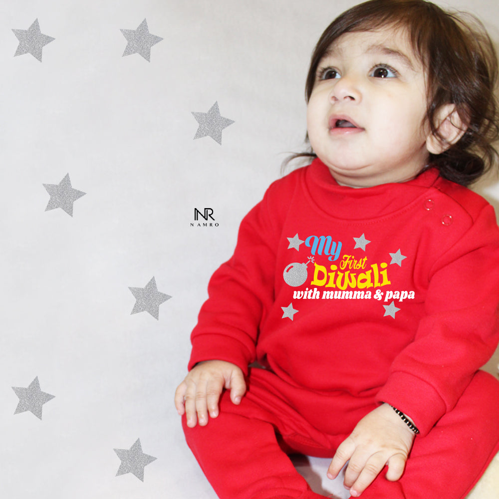 "Customizable first Diwali  baby outfit with name."