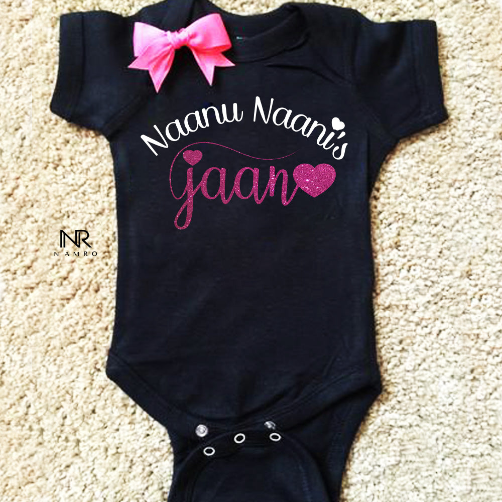 "Soft, cozy onesie customized with your baby’s name or special Naanu Naani's Jaan."