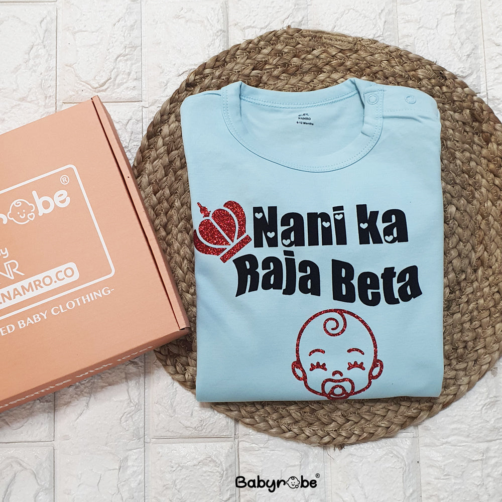 "Custom name Nani Ka Raja Beta jumpsuit for your little one."