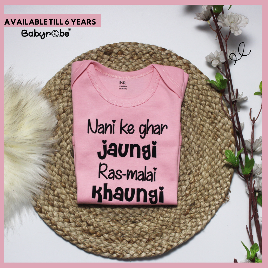 "Custom name Nani Ke Ghar Jaungi onesie for your little one."