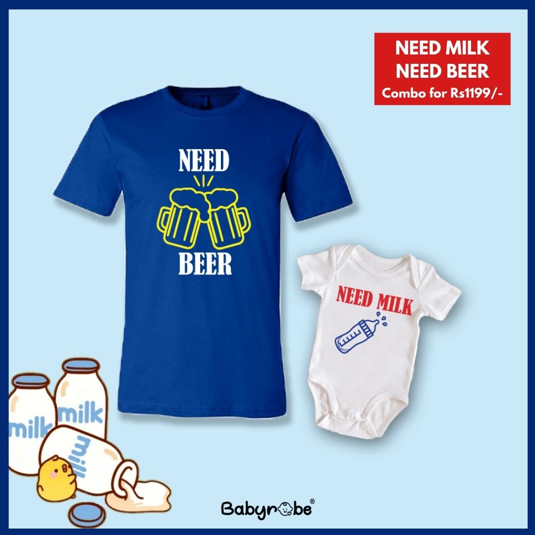 "Custom baby onesie & T-Shirt set with name and design for Need Milk Need Beer Combo."