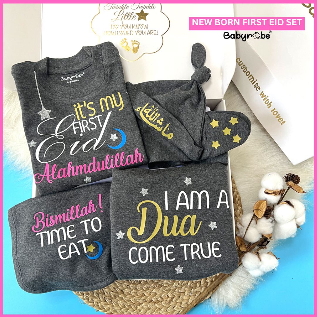 "Soft and comfortable baby T-Shirt & pajama set with custom name and perfect for Eid Gift Box."