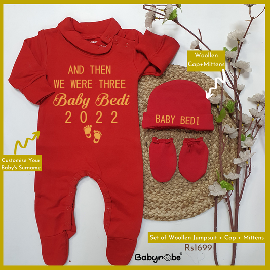 Custom Surname And Then We Were 3 ( Woollen Jumpsuit+Cap&Mittens)