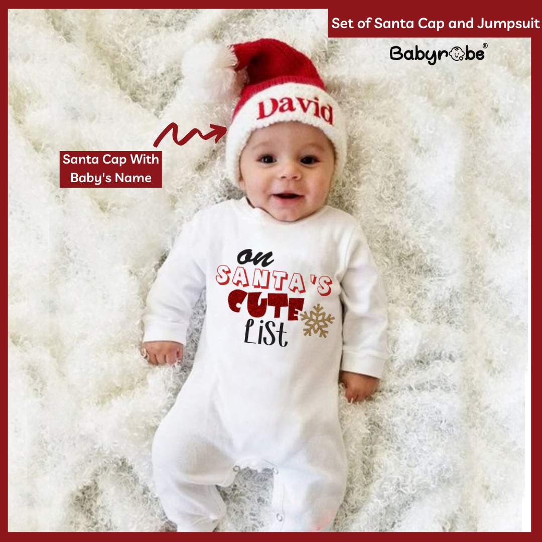 "Custom baby romper featuring a fun print and personalized text Christmas baby bodysuit "