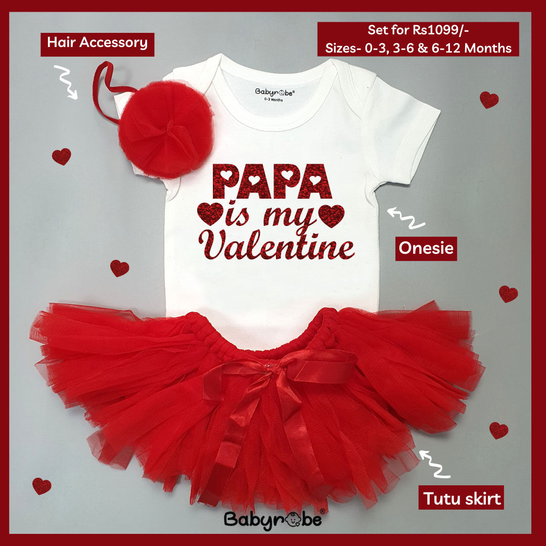 "Customizable Valentine's Day baby onesie & skirt set with name."