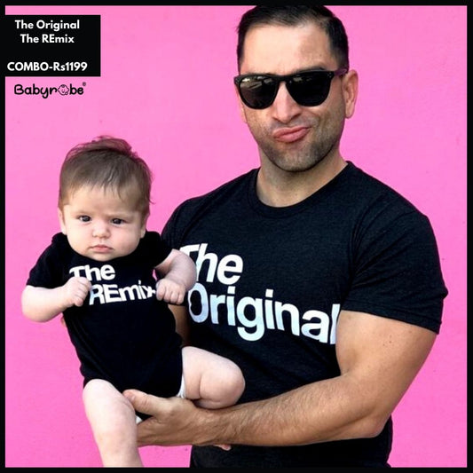 "Baby onesie & T-Shirt  set with personalized name for a The Original & Remix Combo."