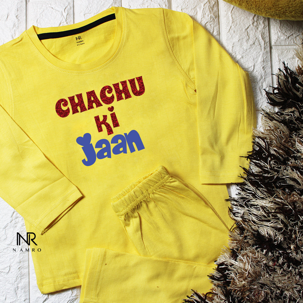 "Soft and comfortable baby T-Shirt & Pajama set with custom name and design chachu ki jaan."