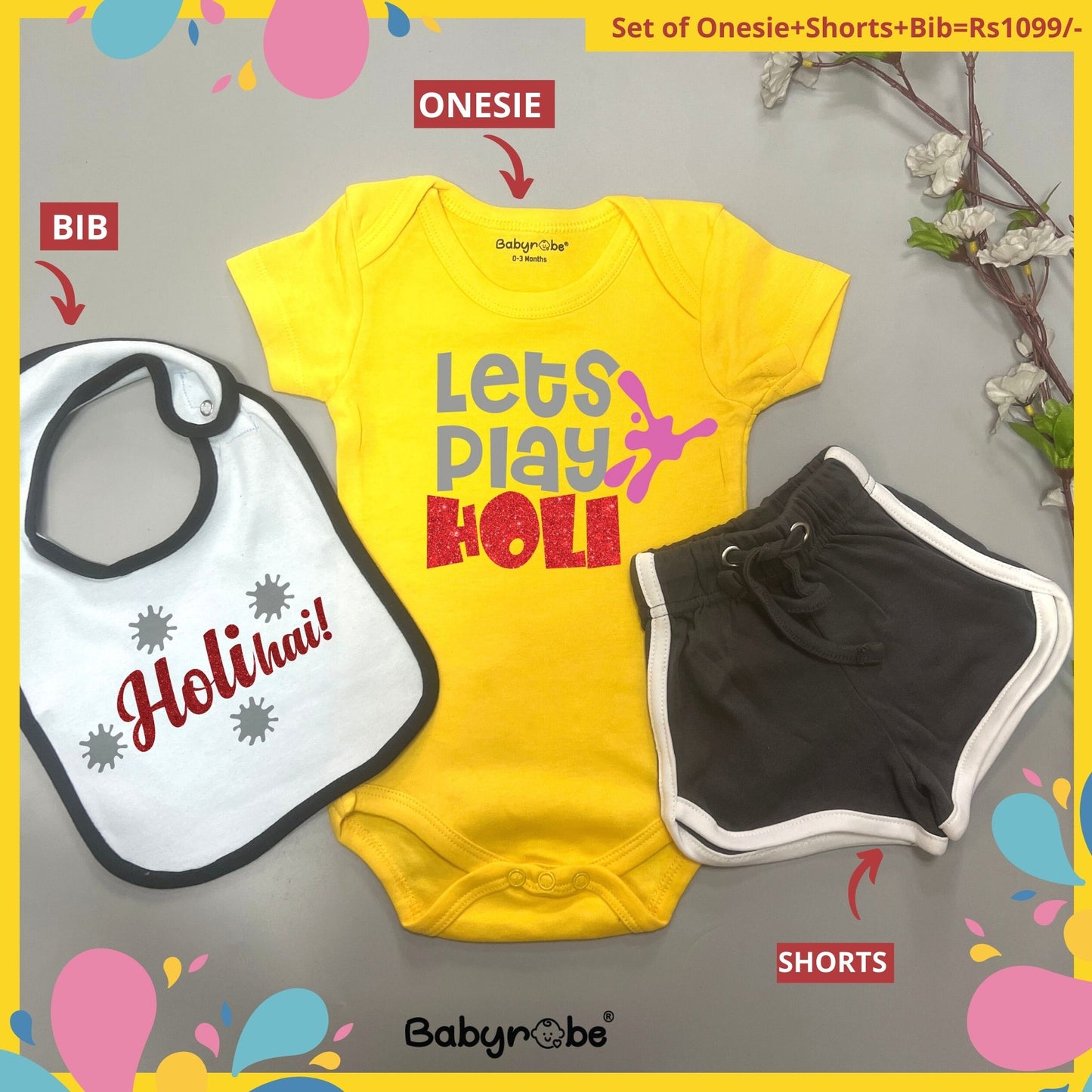 Let's Play Holi (Onesie+Shorts+Bib)