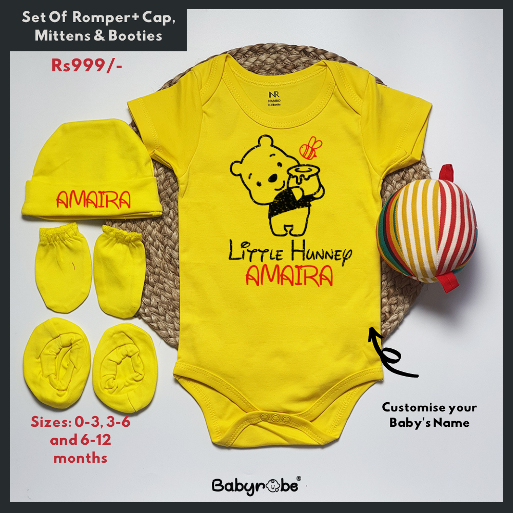 Little Hunny Custom Name (Romper+Cap, Mittens & Booties)