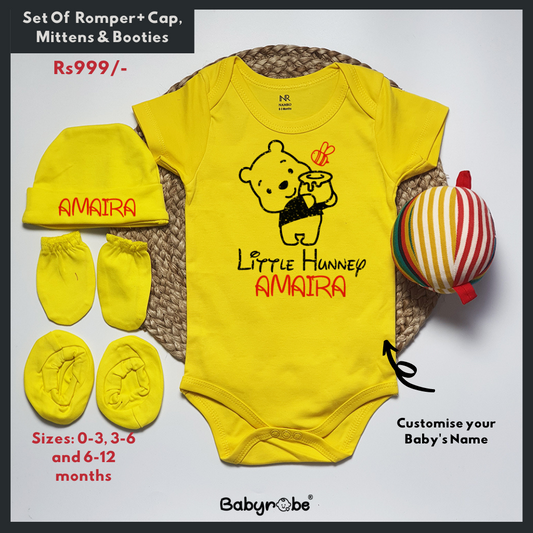 Little Hunny Custom Name (Romper+Cap, Mittens & Booties)