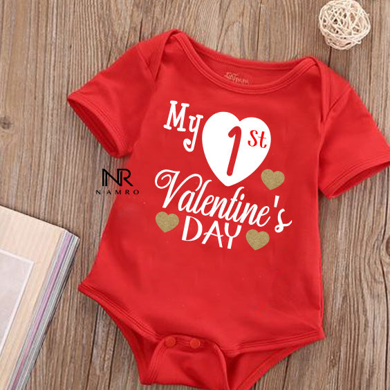 "Baby onesie with personalized name for a special 1st valentines."