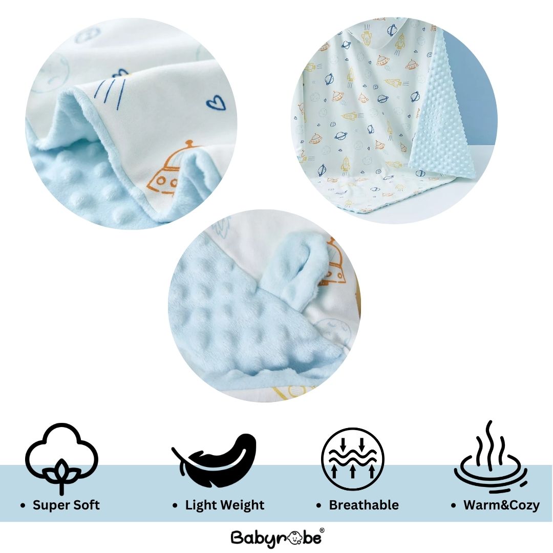 Custom baby blanket featuring a fun print and personalized text .