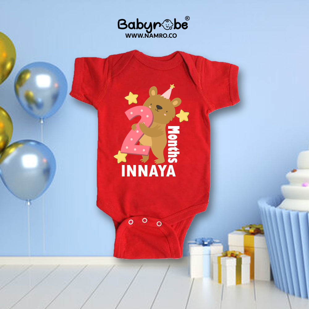 Cute baby romper with a custom graphic and soft cotton fabric"
2 month red half romper Funny baby onesie."
