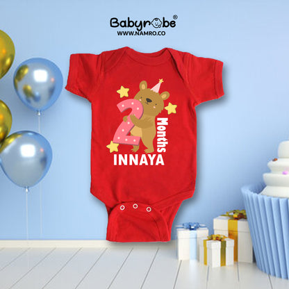 Cute baby romper with a custom graphic and soft cotton fabric"
2 month red half romper Funny baby onesie."
