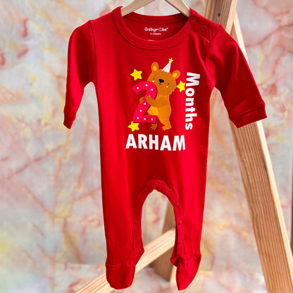 "Soft and comfortable baby jumpsuit with custom name and design" custom birthday onesie featuring their name and age. 
