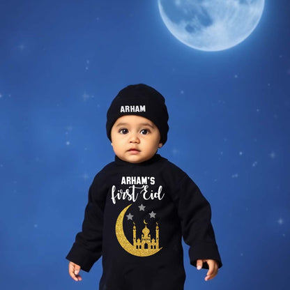 "Cute custom name baby jumpsuit set for first Eid."
