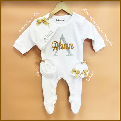 Baby romper with custom embroidery and playful pattern"
