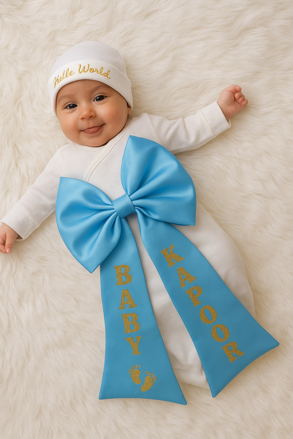 Baby wearing a white outfit with a blue bow and 'Hello World' hat on a soft surface