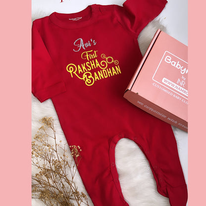 "Celebrate First Rakhi  with a personalized baby Jumpsuit ."