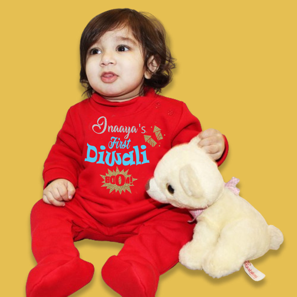 "Personalized baby Weellon Jumpsuit  for Diwali with custom name."