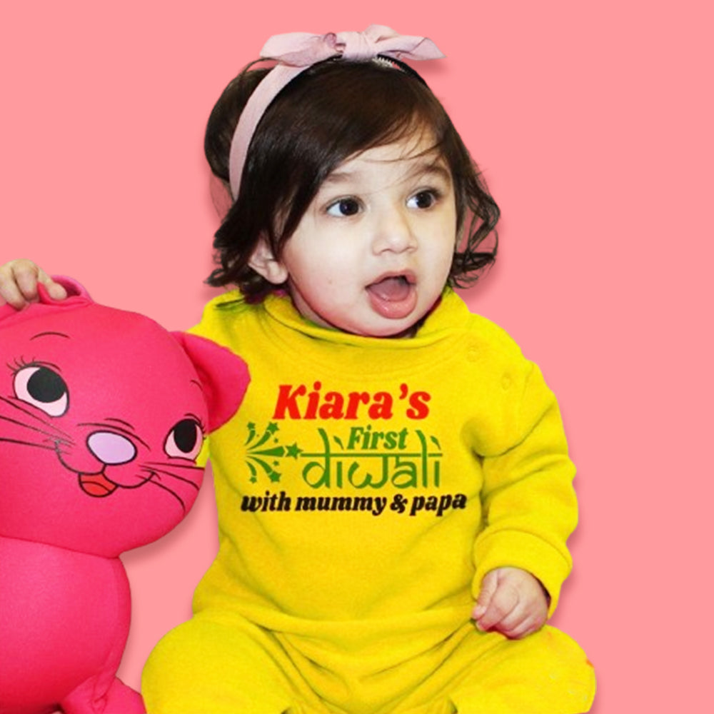 "Custom baby Organic Jumpsuit with name and  Diwali  design." 