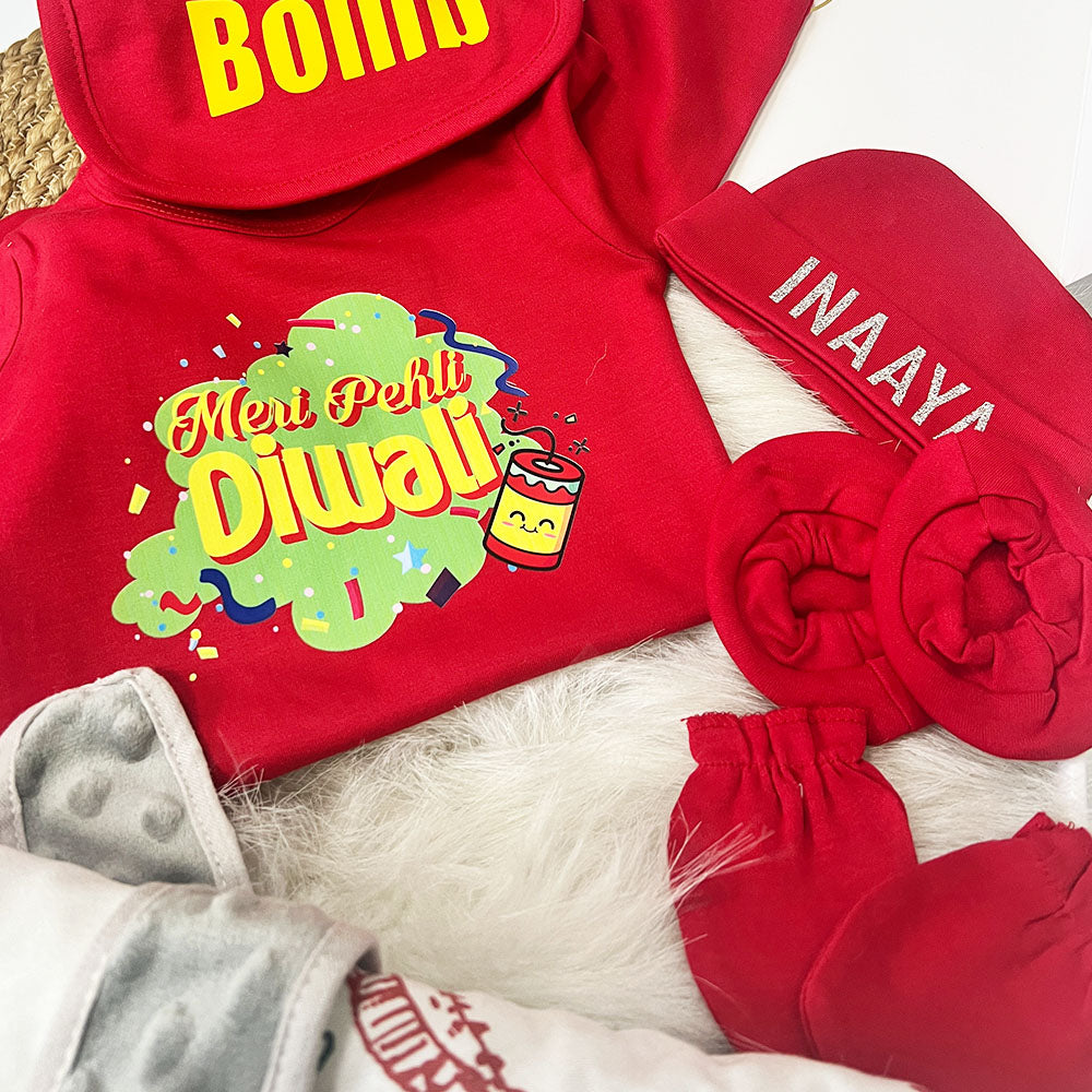 "Cute custom name baby jumpsuit set for Meri Pehli Diwali."
