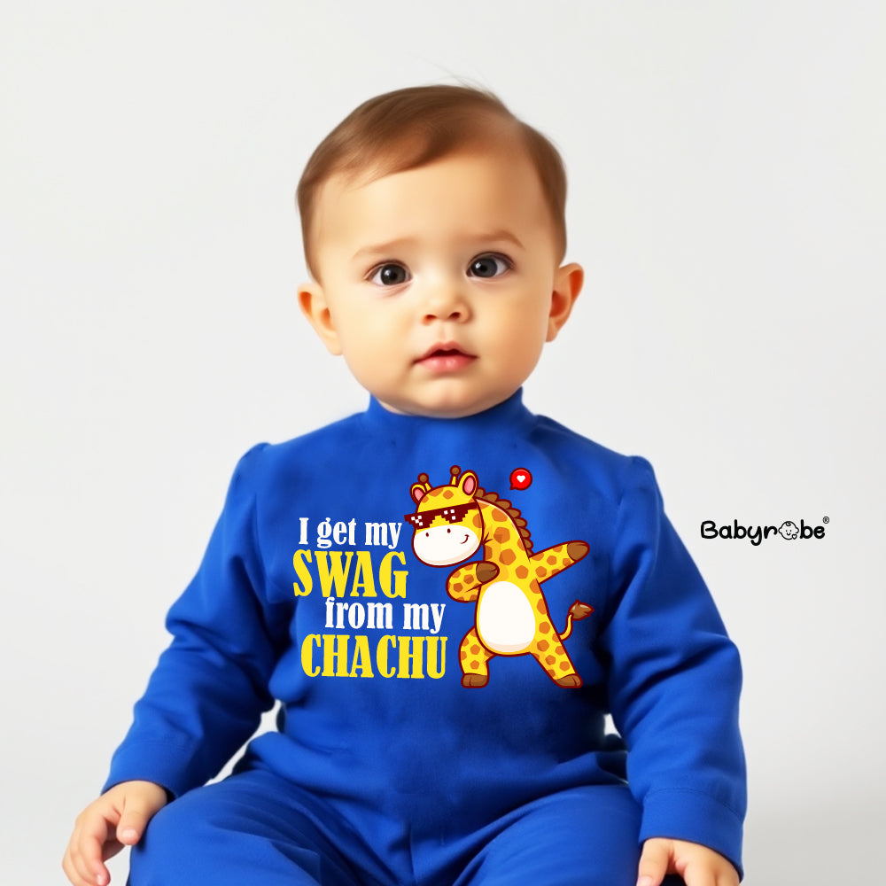 "Custom name I get My Swag From My Chachu Woollen jumpsuit for your little one."
