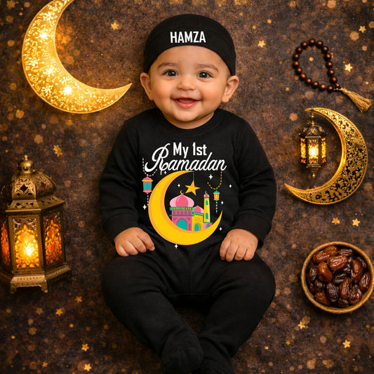 Child wearing a black shirt with 'My 1st Ramadan' text, surrounded by decorative elements on a brown background.