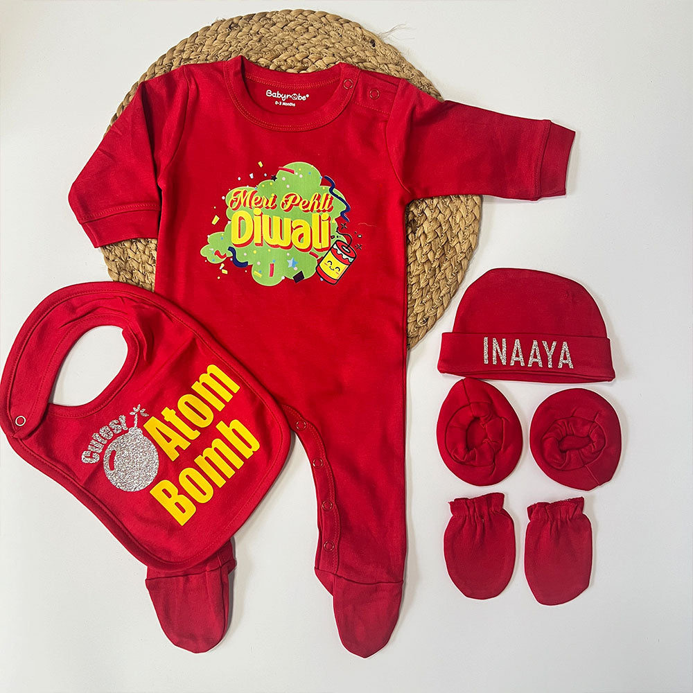 "Personalized baby Jumpsui set  for Meri Pehli Diwali with custom name."
