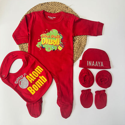 "Personalized baby Jumpsui set  for Meri Pehli Diwali with custom name."
