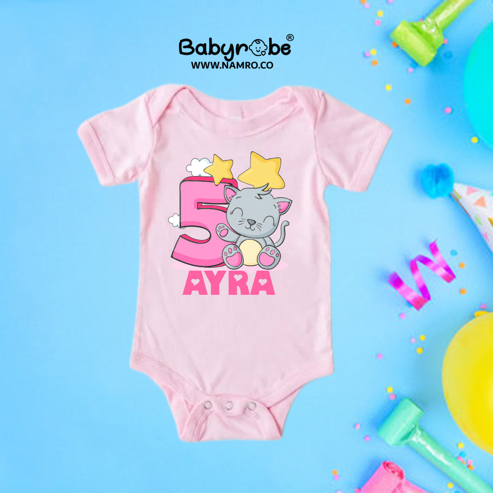 "Organic cotton onesie with custom name and birth date "Birthday onesie with ‘My 5 Birthday’ and gold crown. "