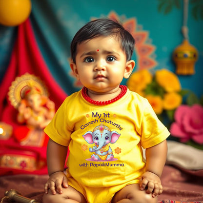 "Celebrate 1st Ganesh Chaturthi with a personalized baby onesie."