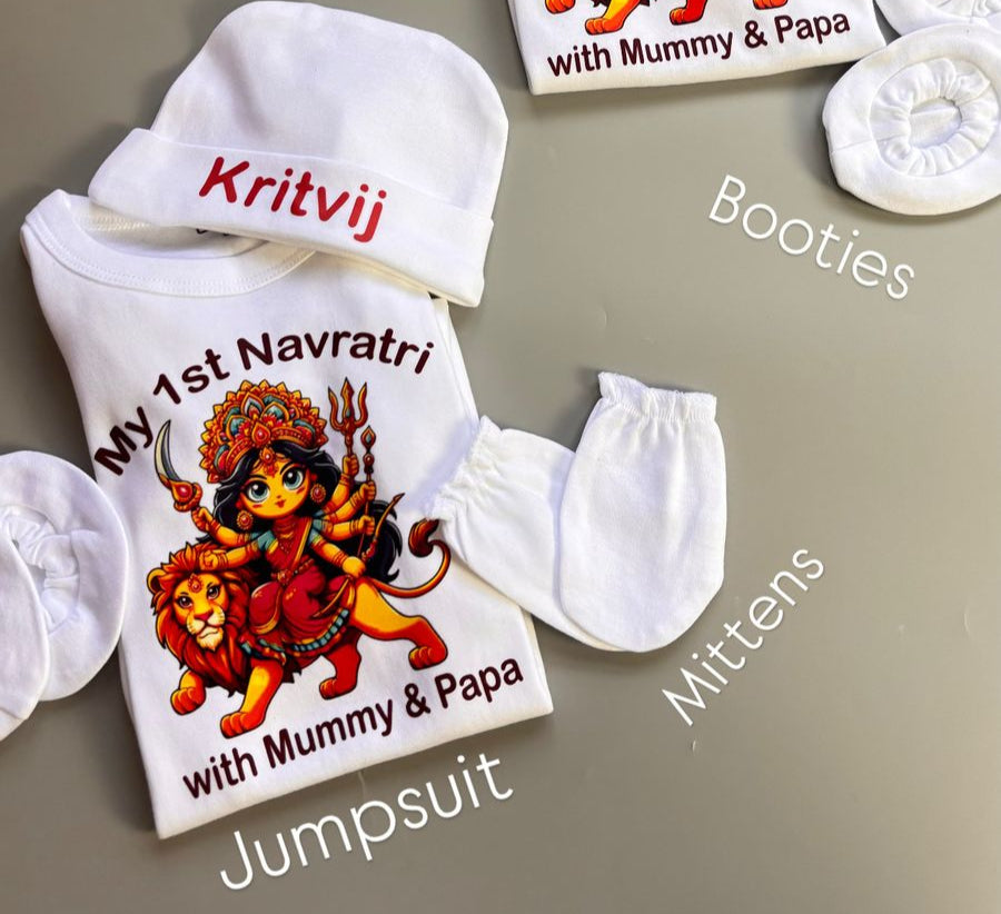 "Cute custom name baby jumpsuit set for a special  Navratri."