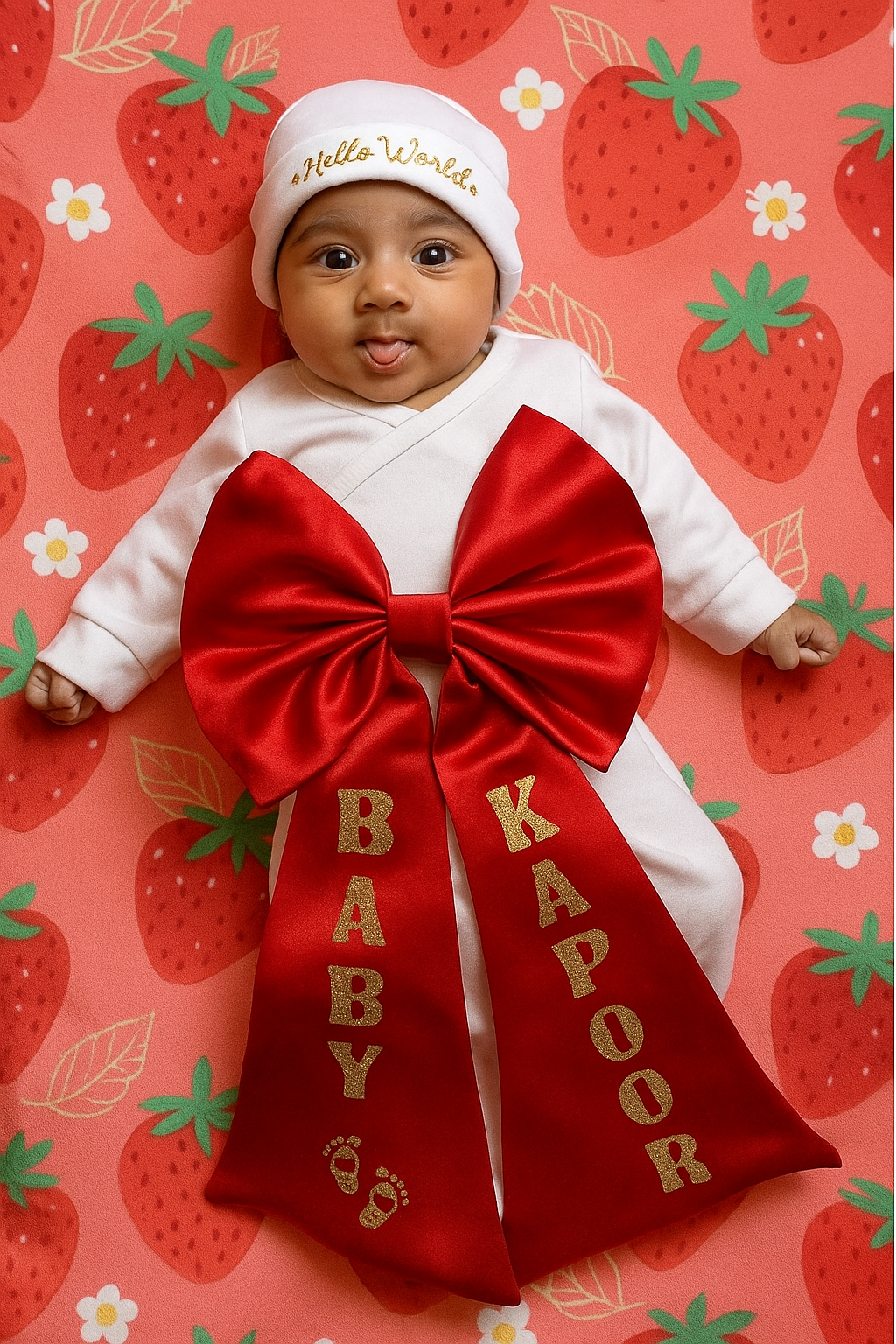 Baby in a white outfit with a large red bow and 'Hello World' hat on a strawberry-patterned background.