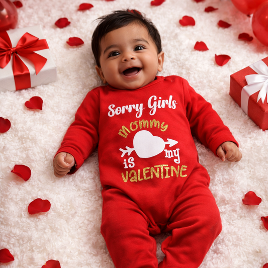 Baby in a red onesie with Valentine's Day text surrounded by balloons, hearts, and presents on a white background.