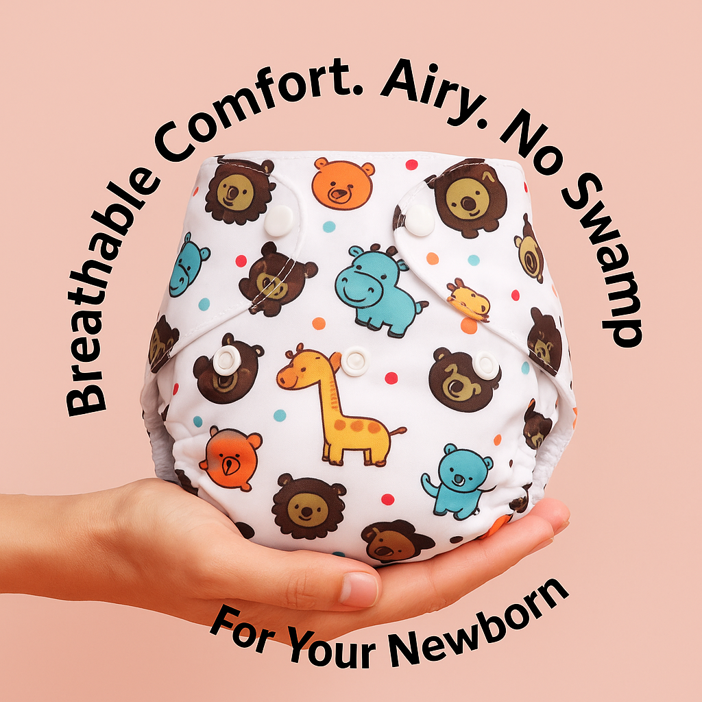 Baby diaper with animal pattern held in a hand against a pink background