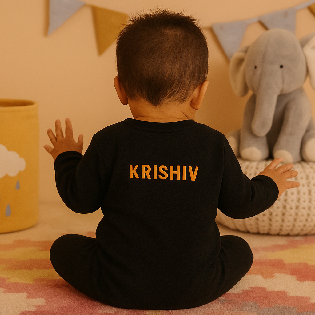 Baby wearing a black outfit with 'KRISHIV' printed on it, sitting in a room with toys and a colorful rug.