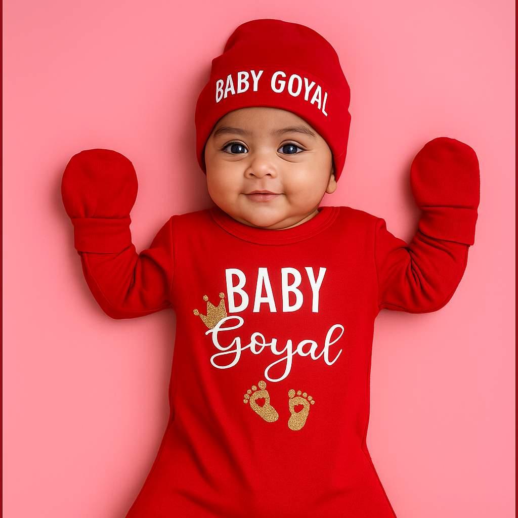 Baby in red outfit with 'Baby Goyal' text on a pink background