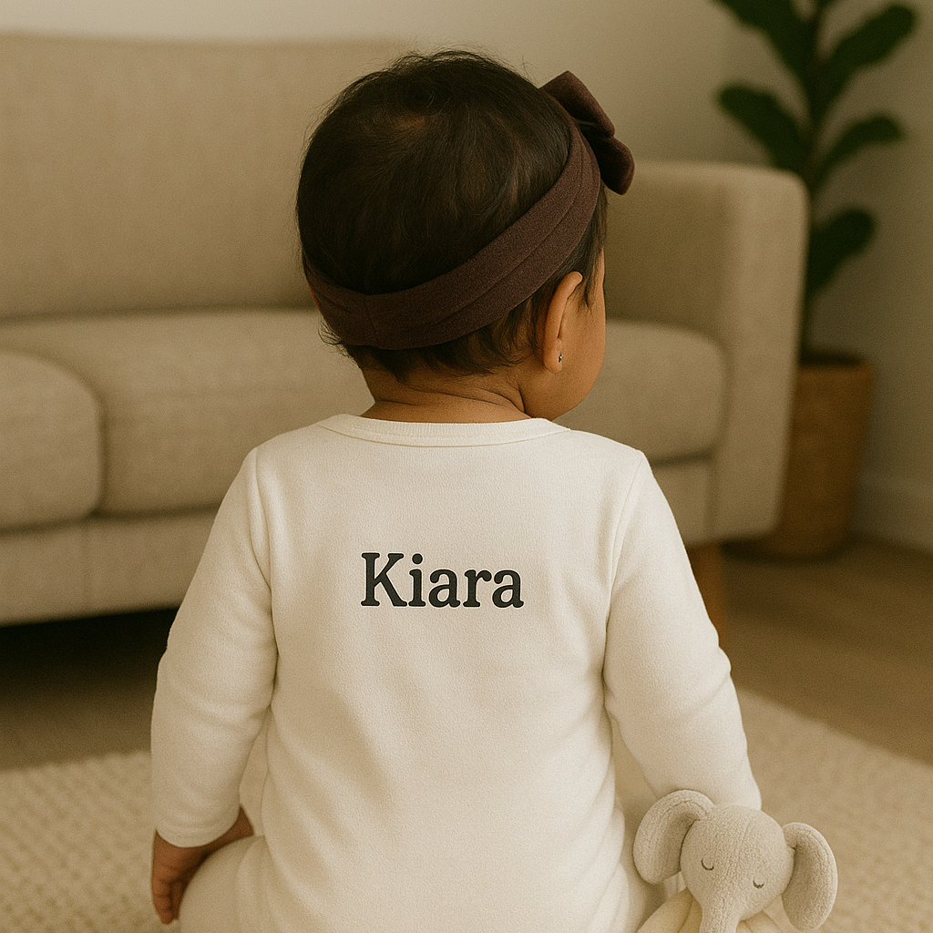 Child wearing a white onesie with 'Kiara' printed on the back, sitting on a carpeted floor.