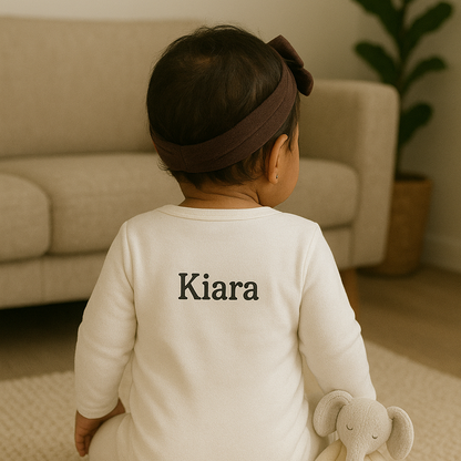 Child wearing a white onesie with 'Kiara' printed on the back, sitting on a carpeted floor.