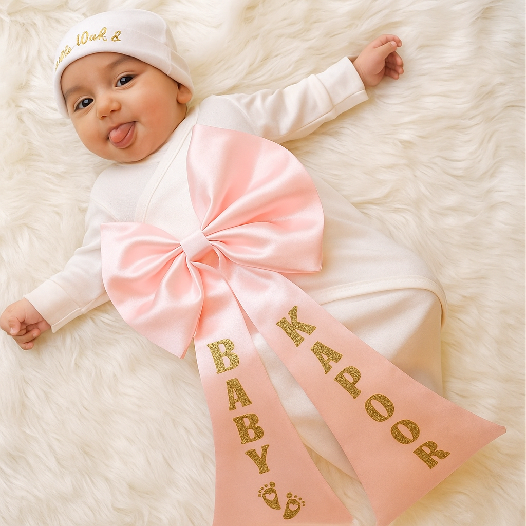 Baby wrapped in a pink blanket with 'Baby Kaoor' sash on a white fluffy surface