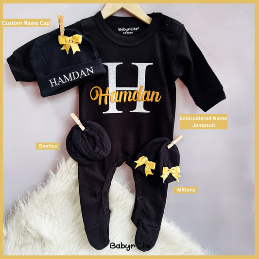 Baby Name Custom Embroidery (Jumpsuit+Cap, Mittens & Booties)