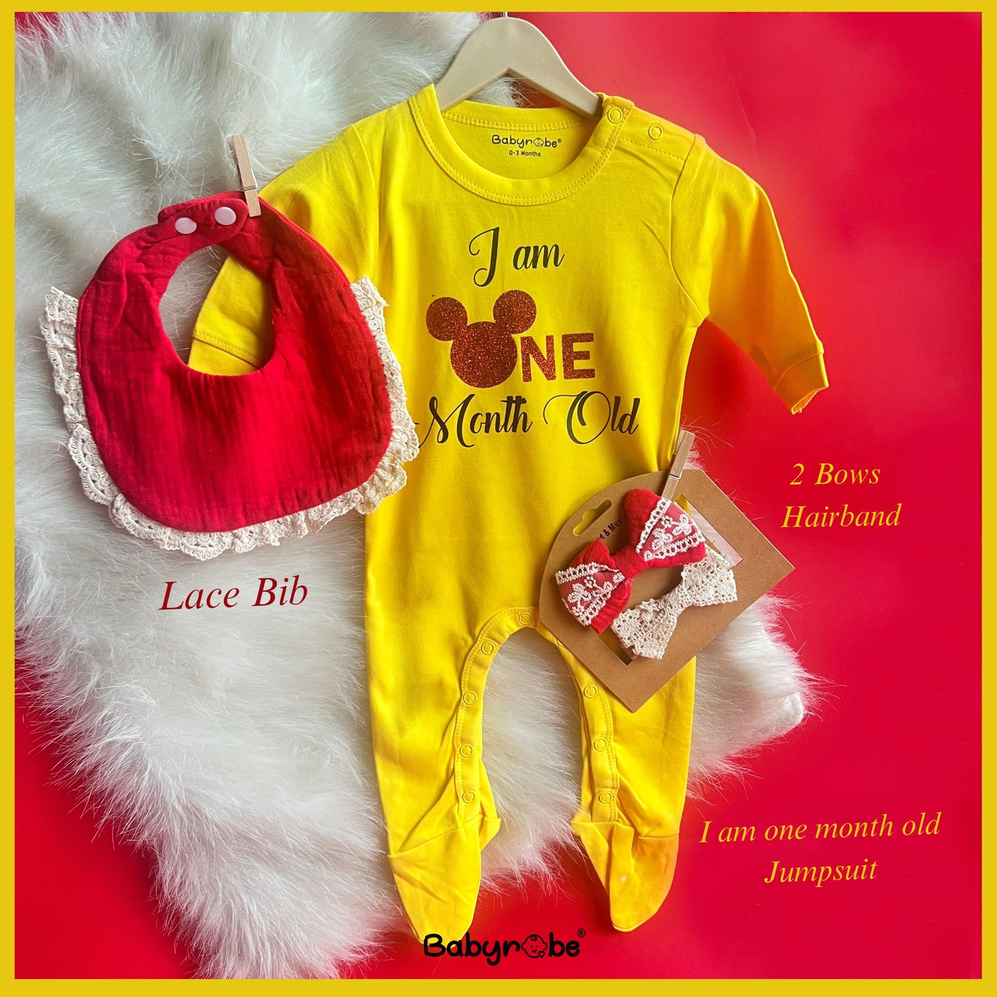 I am One Month Old ( Jumpsuit +Bib&2Bows)