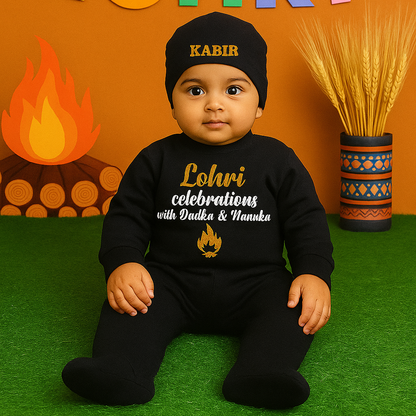 Child wearing a black outfit with 'Kabir' on a 'LOHRI' themed background
