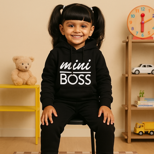 Child wearing a black hoodie with 'mini BOSS' text, sitting on a chair in a room with toys and a clock.